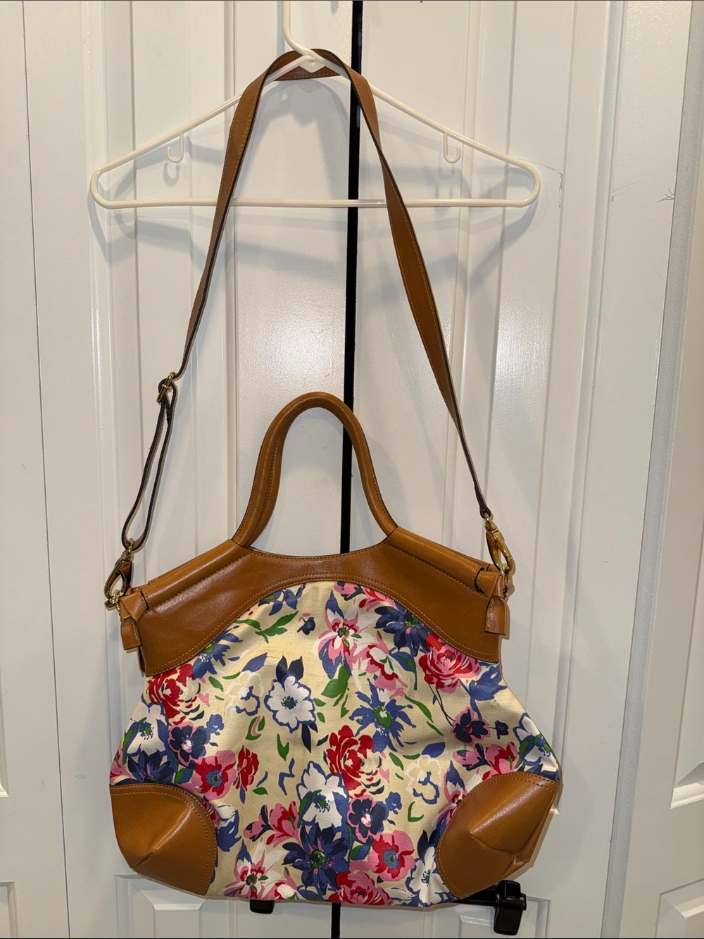 Emma and Sophia Floral Canvas Shoulder Bag with Brown Leather‎ Trim